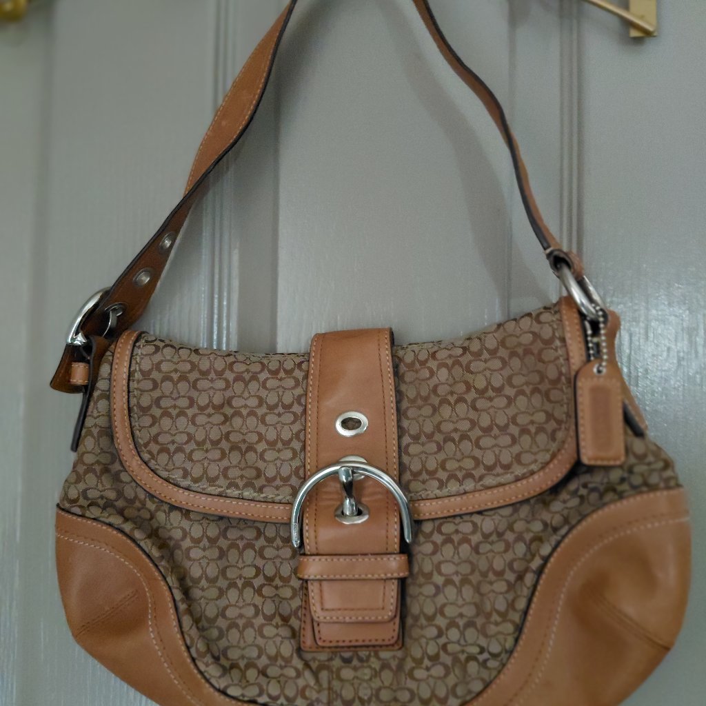 Y2k Coach Soho Signature Jacquard & Leather Shoulder Bag + Coa Khaki/Brown